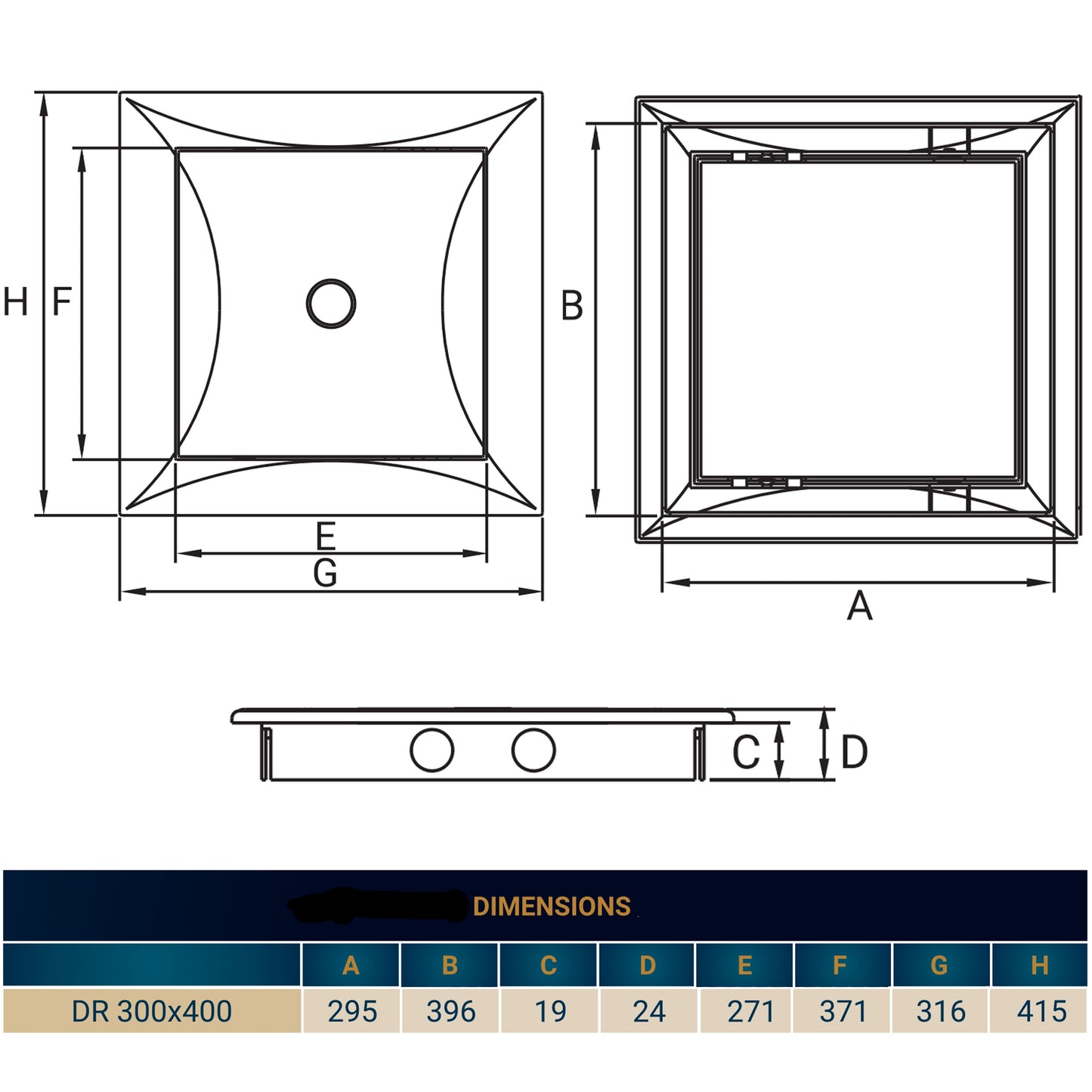 Access panel door dimension diagram for DR 300x400, flange and two holes
