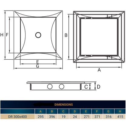 Access panel door dimension diagram for DR 300x400, flange and two holes