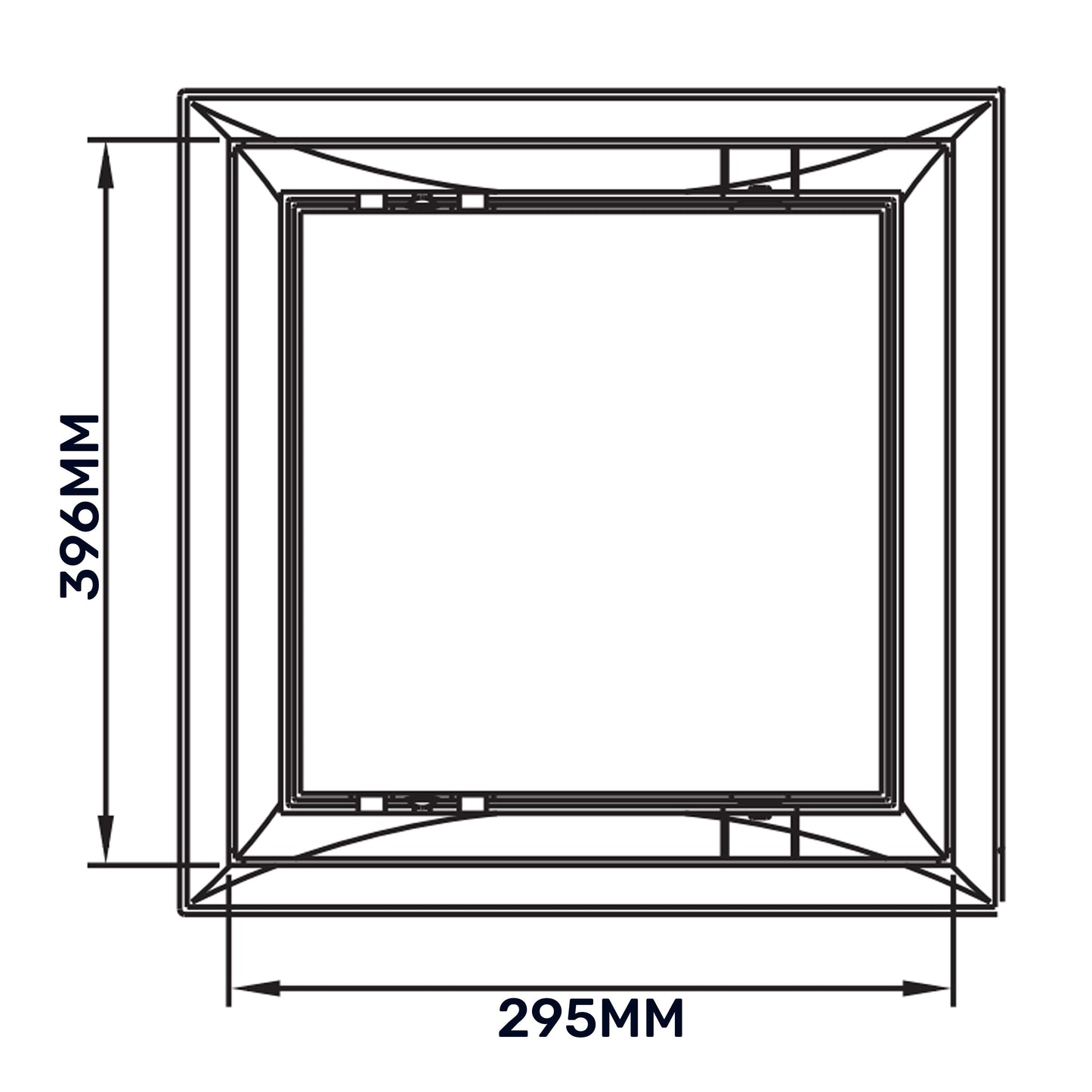 Access panel door size diagram with frame opening, outer 295mm x 386mm