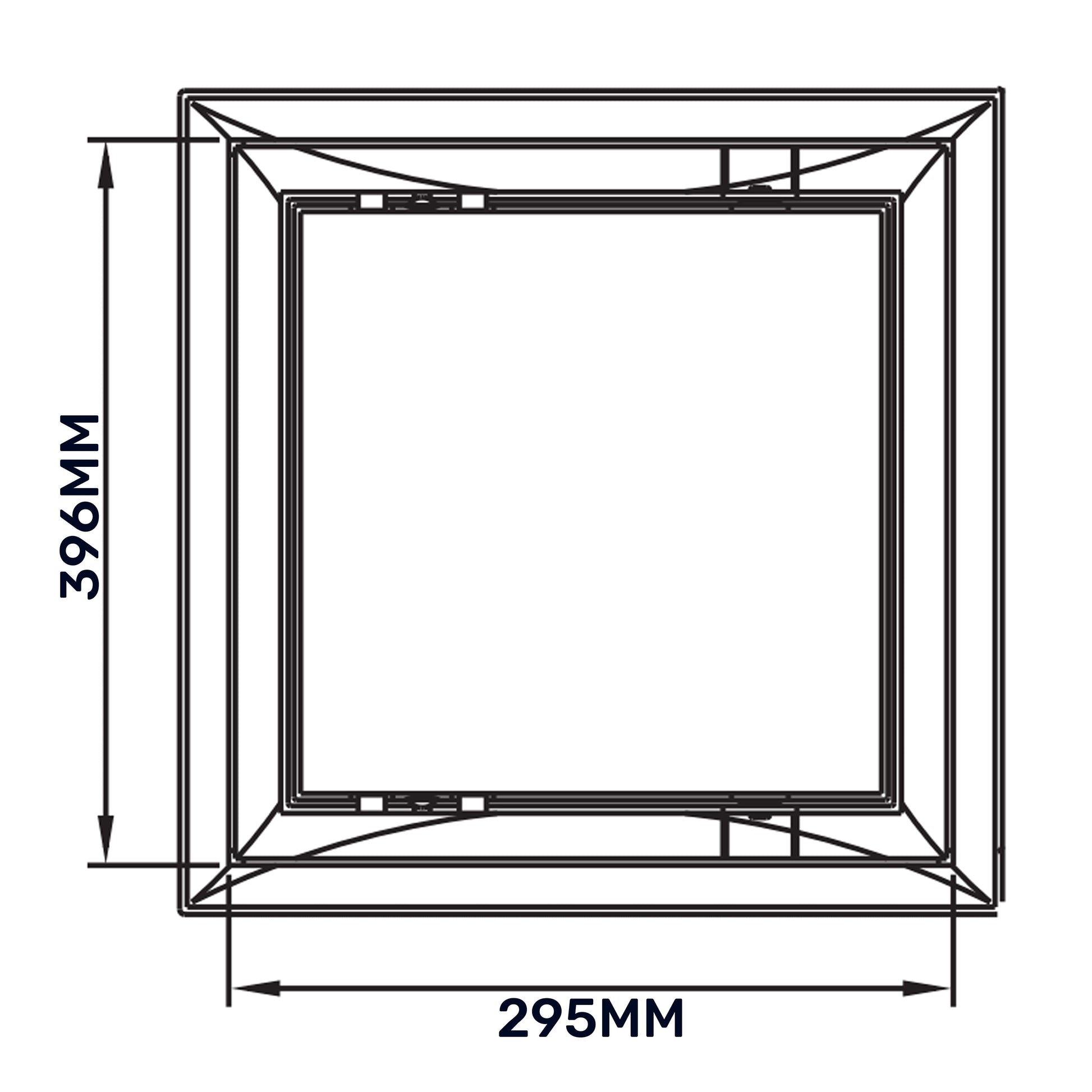 Access panel door size diagram with frame opening, outer 295mm x 386mm