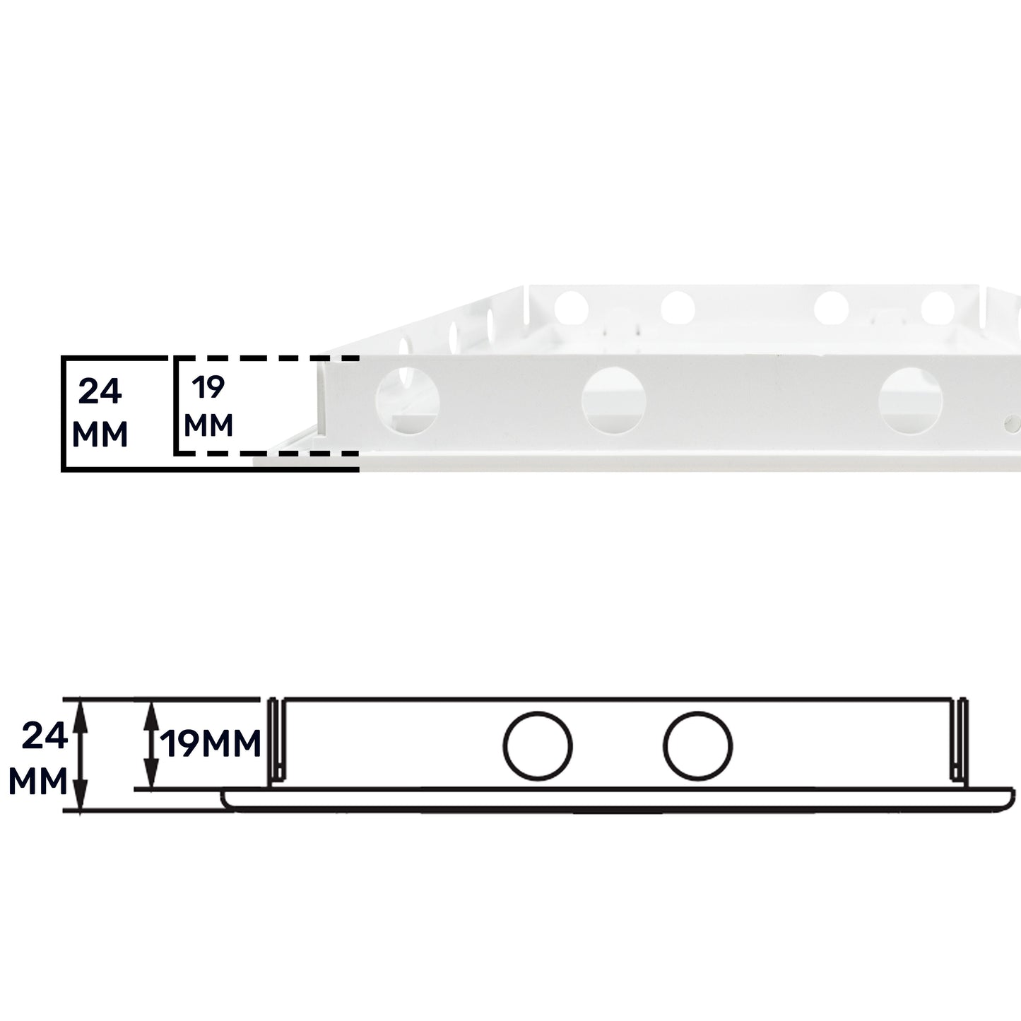 White access panel door bar with two fixing holes, 24mm height and 19mm spacing
