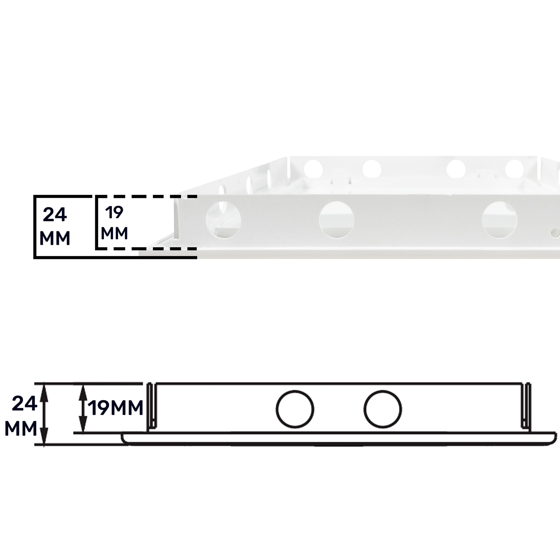 White access panel door bar with two fixing holes, 24mm height and 19mm spacing