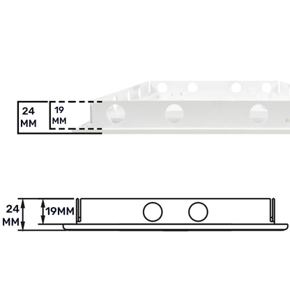 White access panel door bar with two fixing holes, 24mm height and 19mm spacing