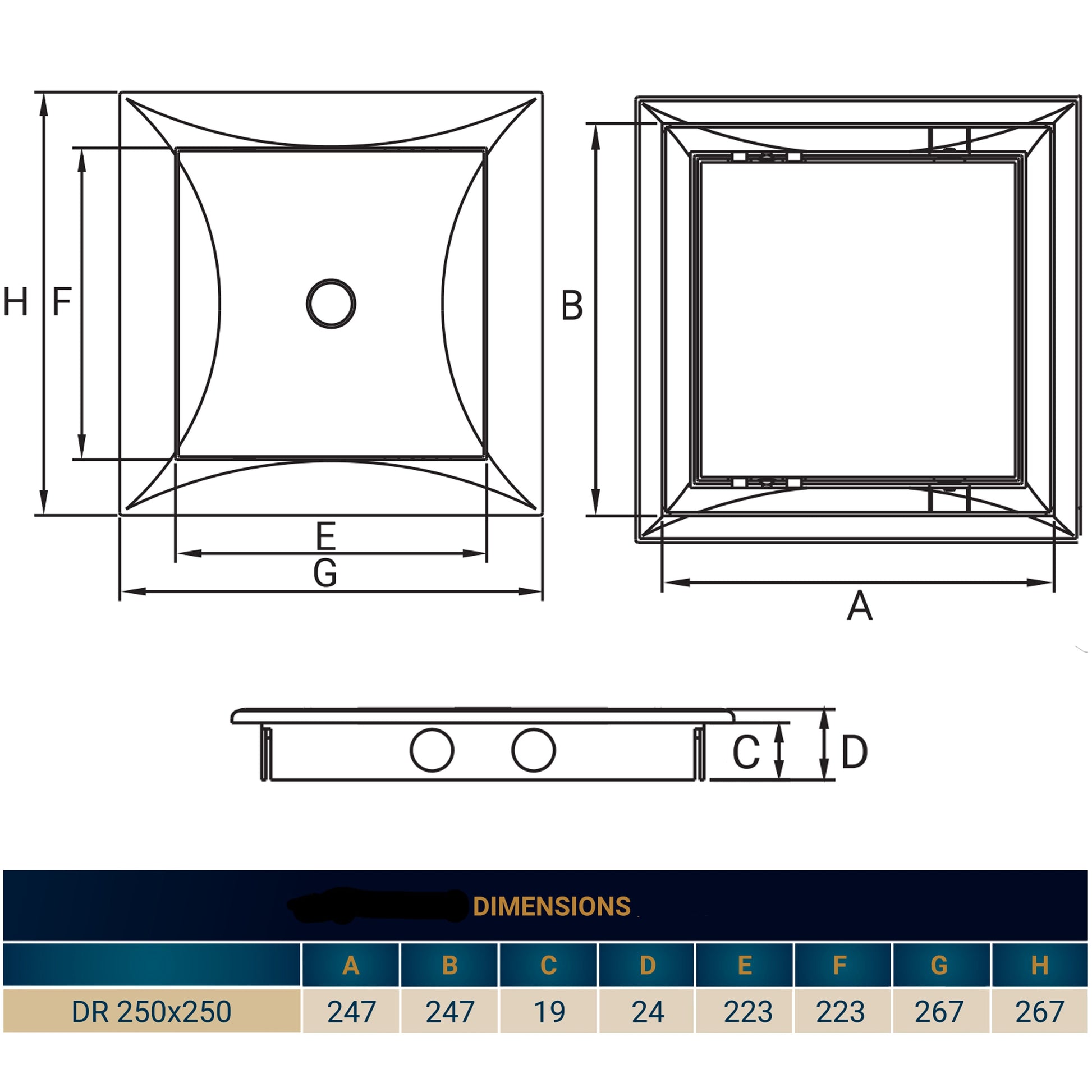 Access panel door dimensions diagram with front view and side view measurements
