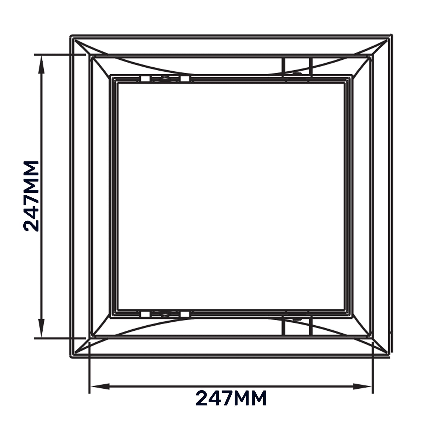 Access panel door front view diagram with 247mm width and 247mm height frame