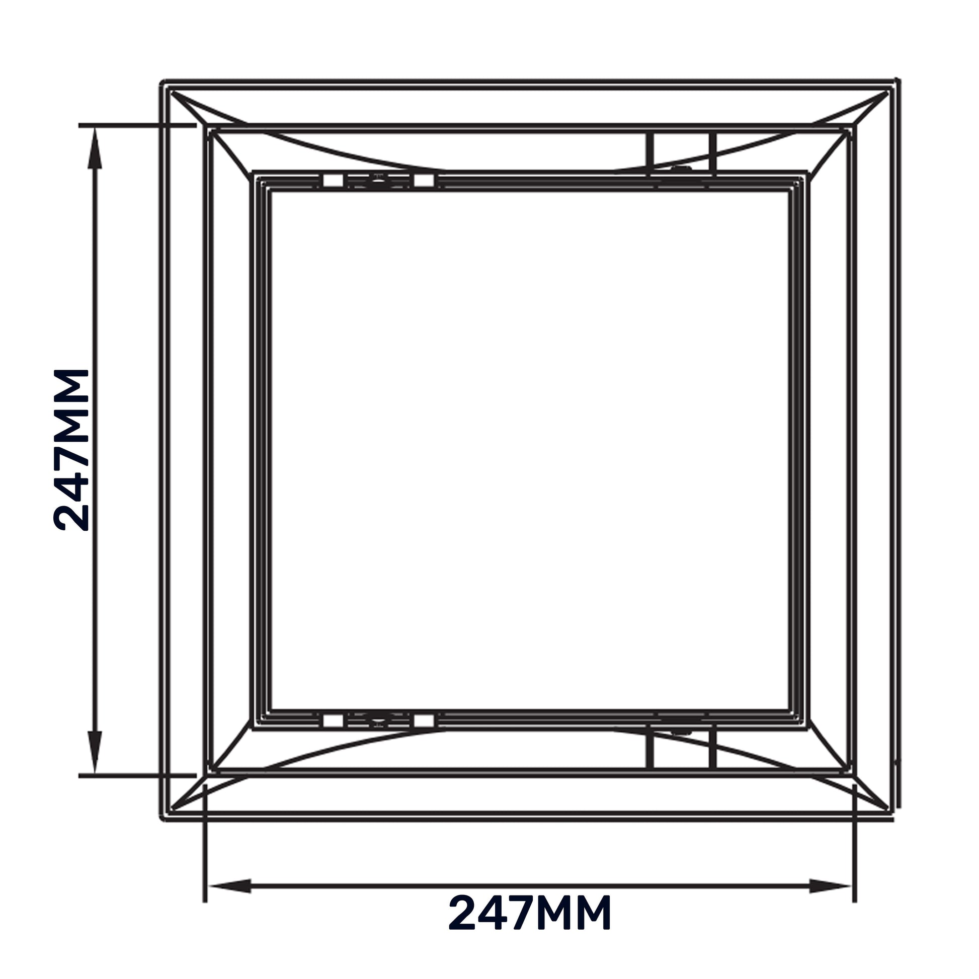 Access panel door front view diagram with 247mm width and 247mm height frame