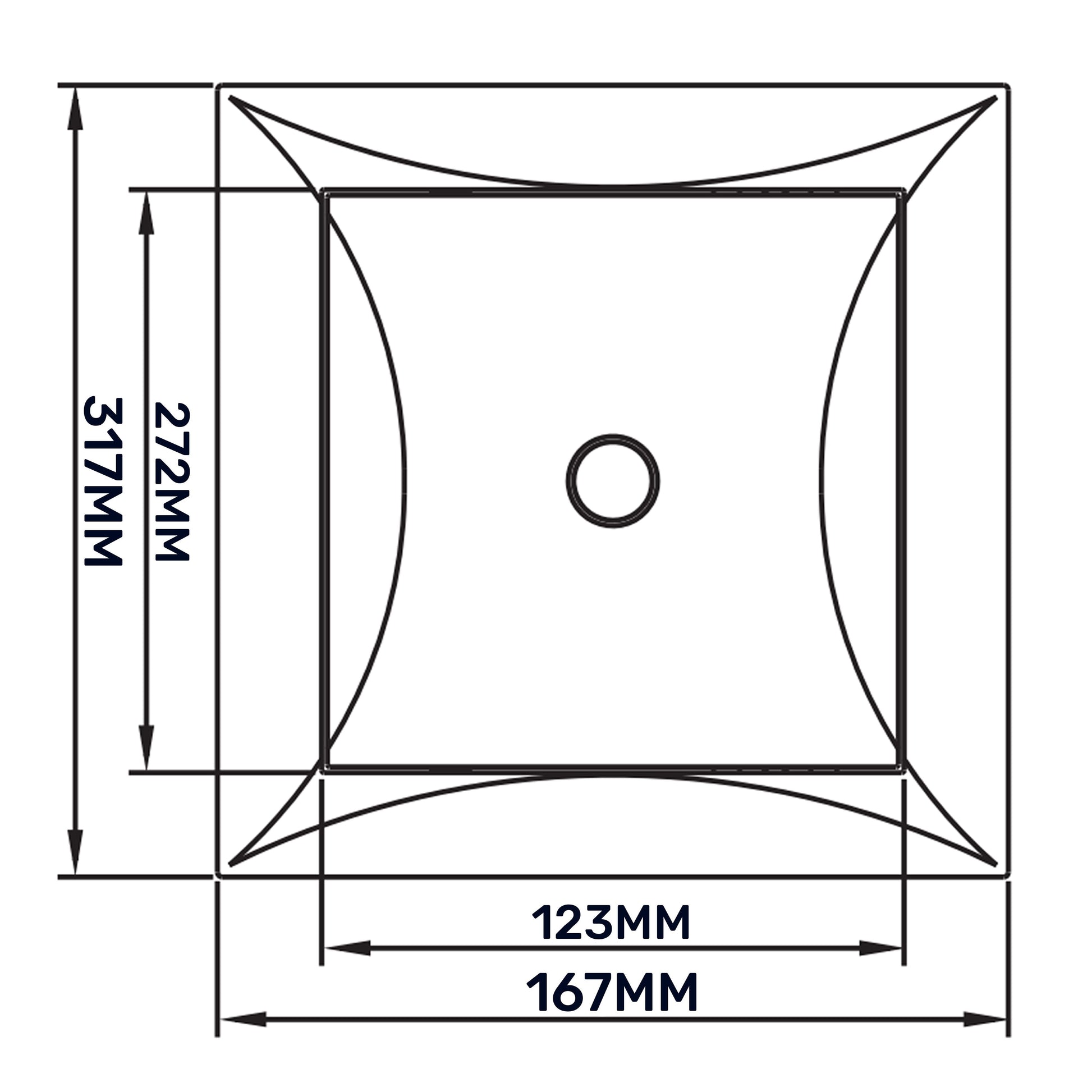 Access panel door diagram showing square opening with central hole, 123mm x 167mm.
