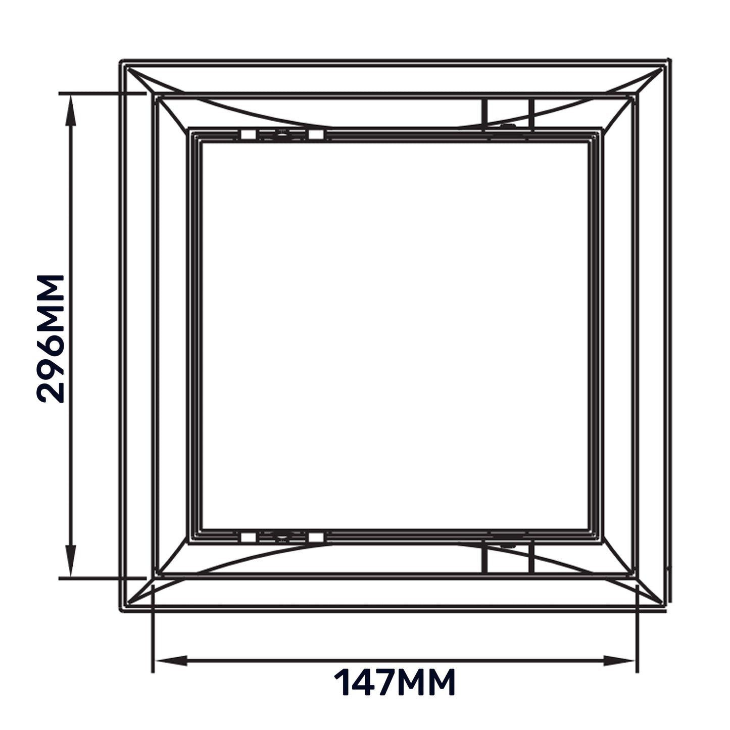 Access panel door frame dimensions, 147mm wide and 296mm high (diagram view).