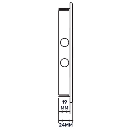 Side profile of white access panel door with two round holes, 19mm and 24mm.