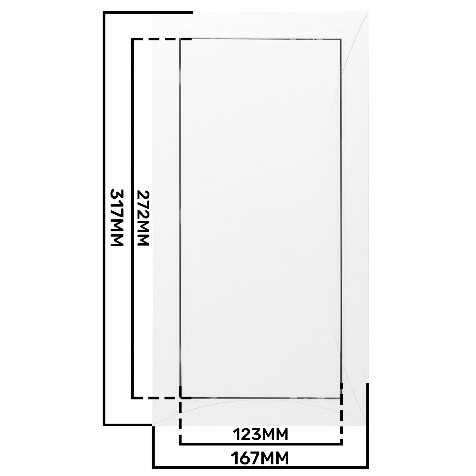 Access panel door layout diagram with inner opening marked 123mm and 167mm.