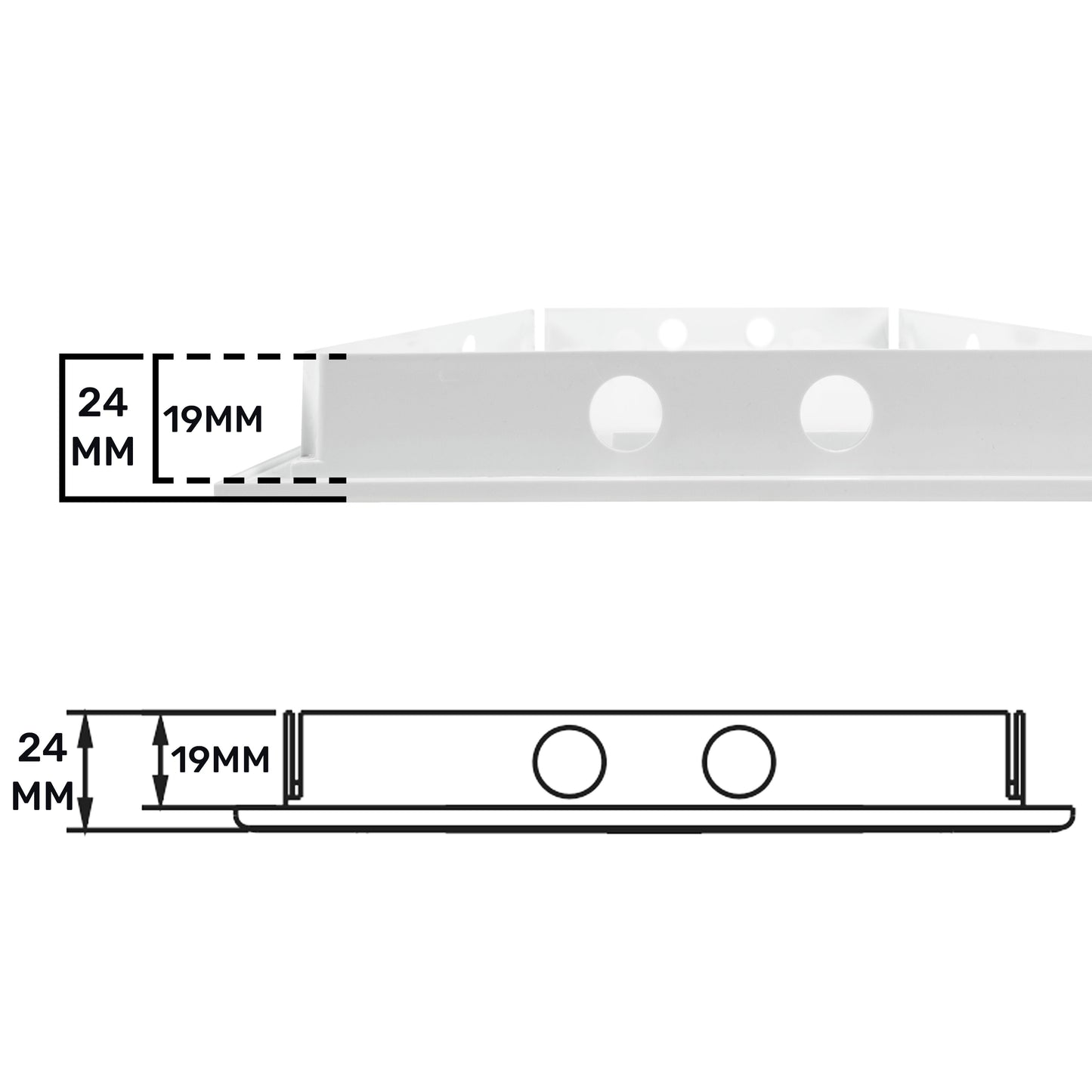 Top strip of access panel door showing two circular holes, 24mm and 19mm depth.