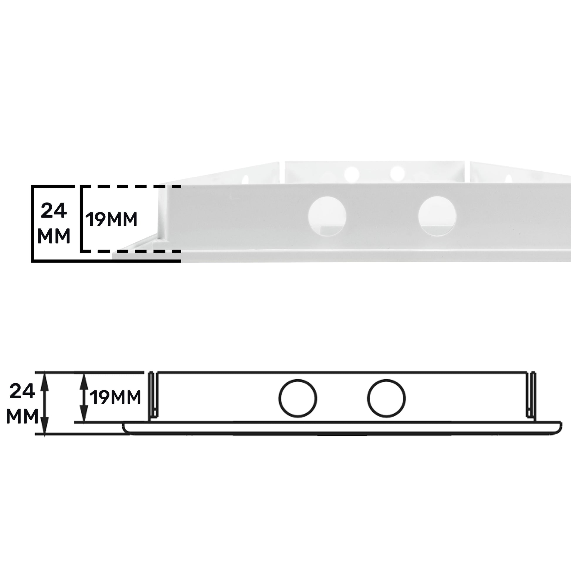 Top strip of access panel door showing two circular holes, 24mm and 19mm depth.