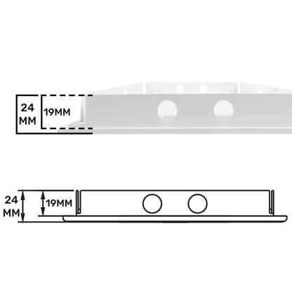 Top strip of access panel door showing two circular holes, 24mm and 19mm depth.