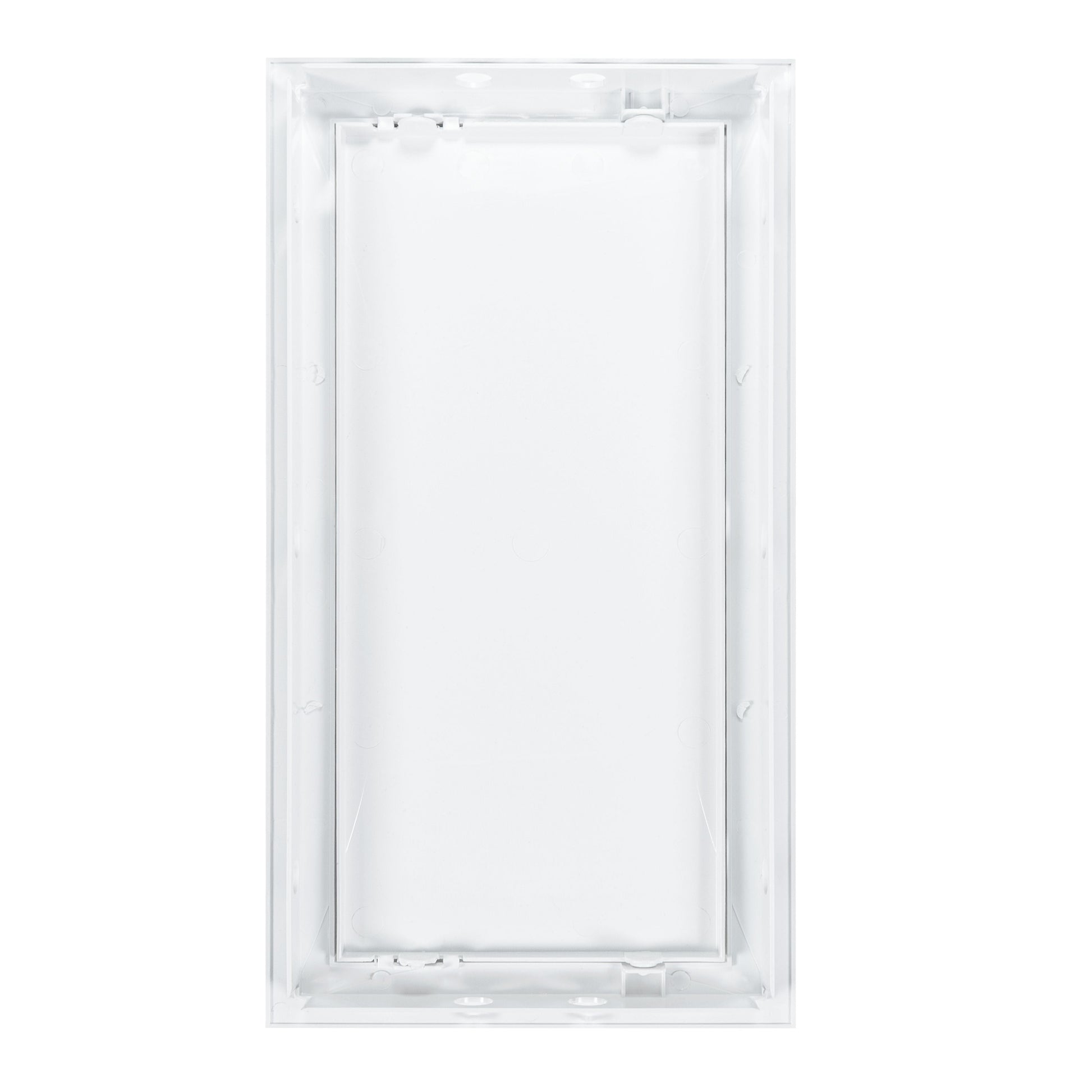 Back of white PP access panel door frame with mounting clips, 150 x 300mm