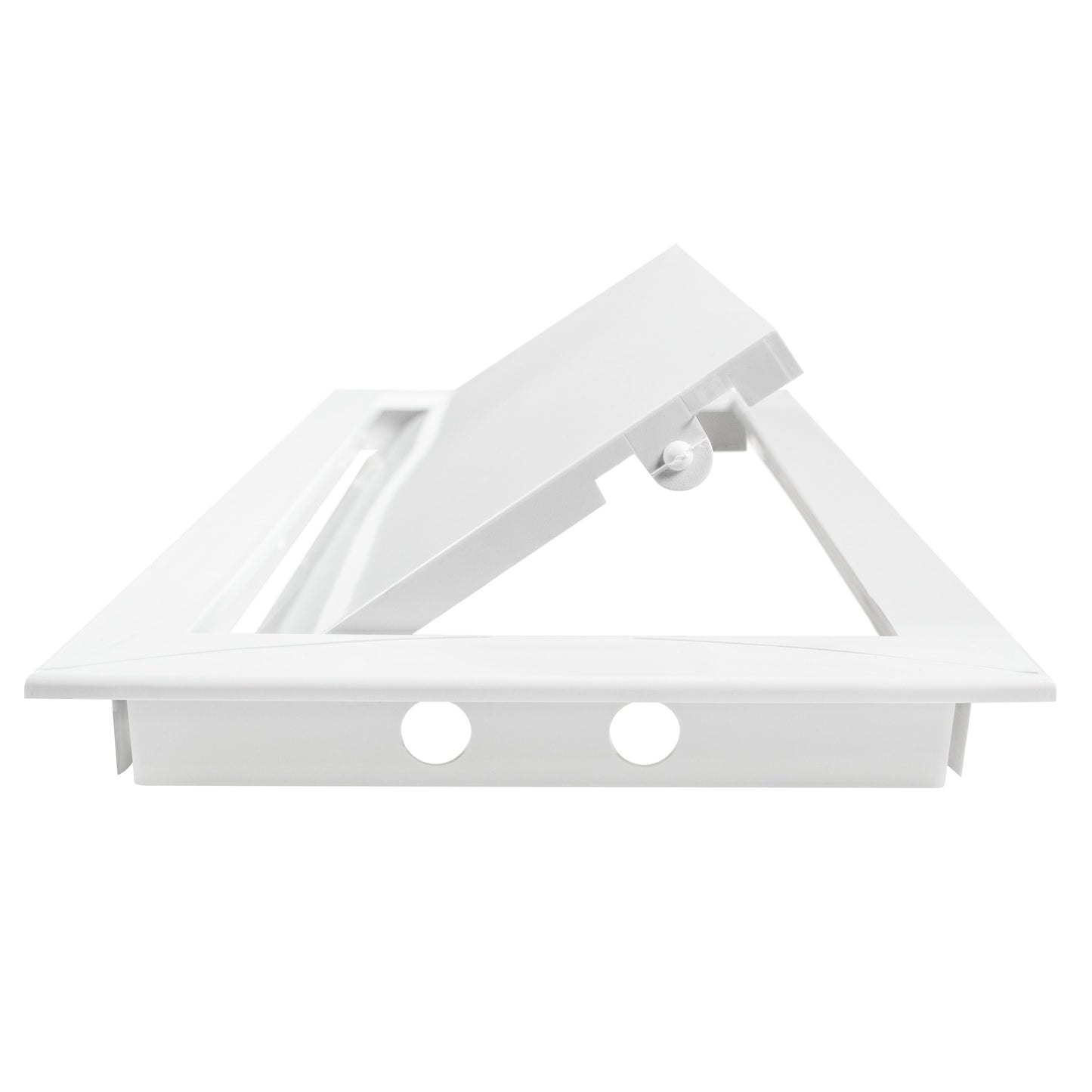 PP access panel door backing in white, underside view with cut-out openings, 150 x 300mm