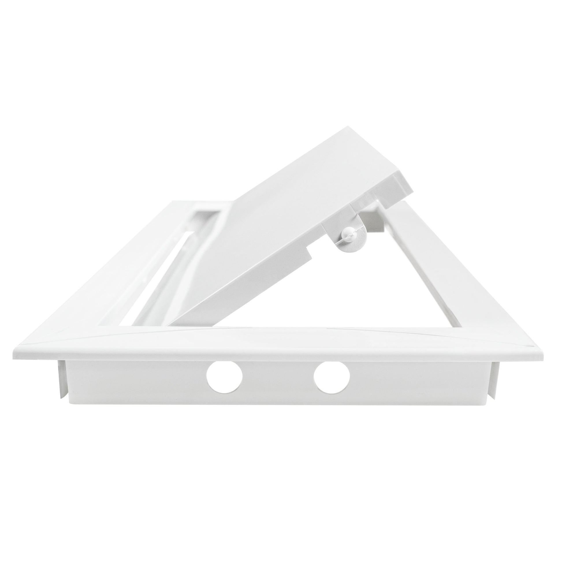 PP access panel door backing in white, underside view with cut-out openings, 150 x 300mm