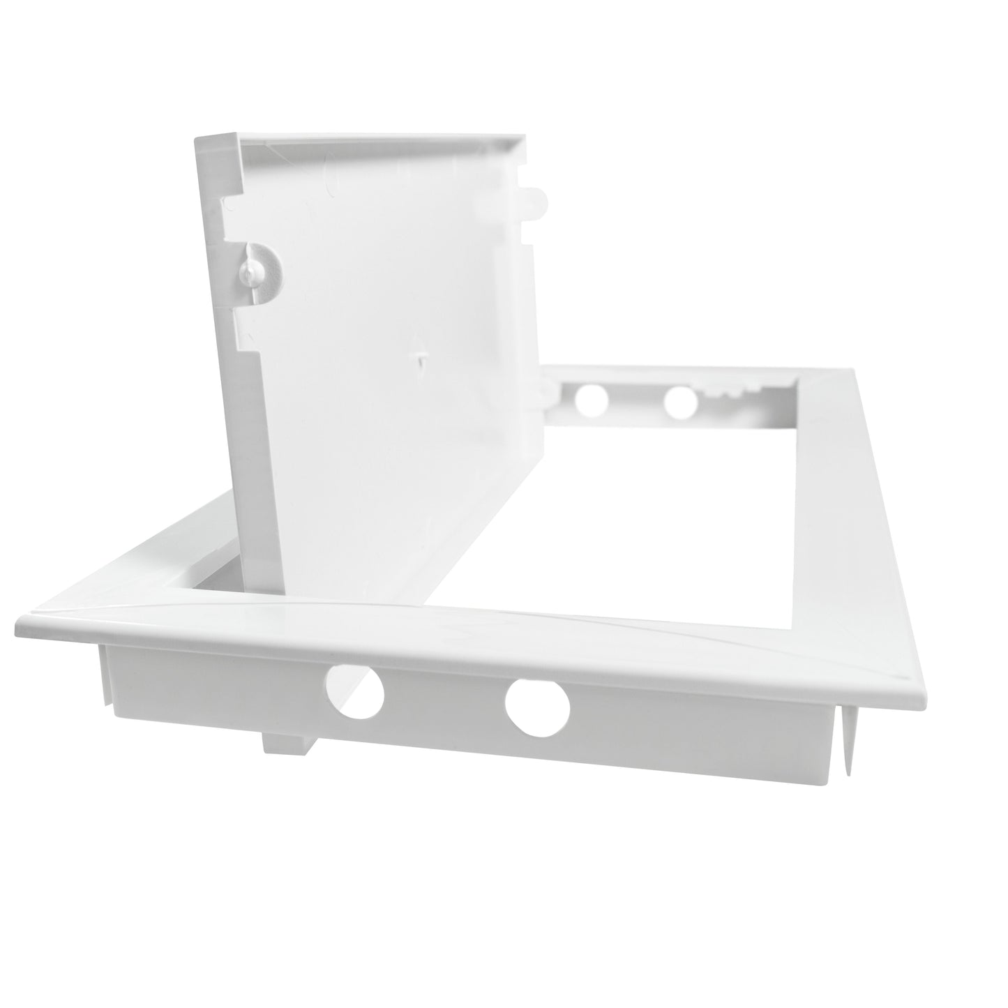 White access panel door rear assembly with side tabs and screw holes, 150 x 300mm
