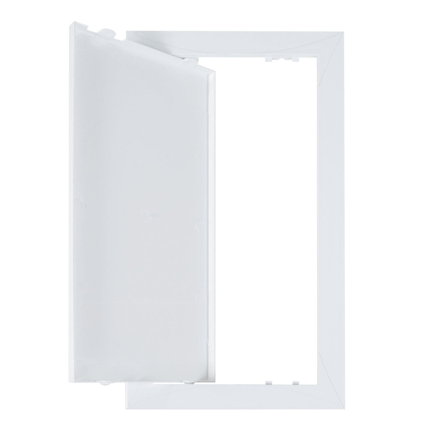 White access panel door rear view showing hinged side and inner frame edge, 150 x 300mm