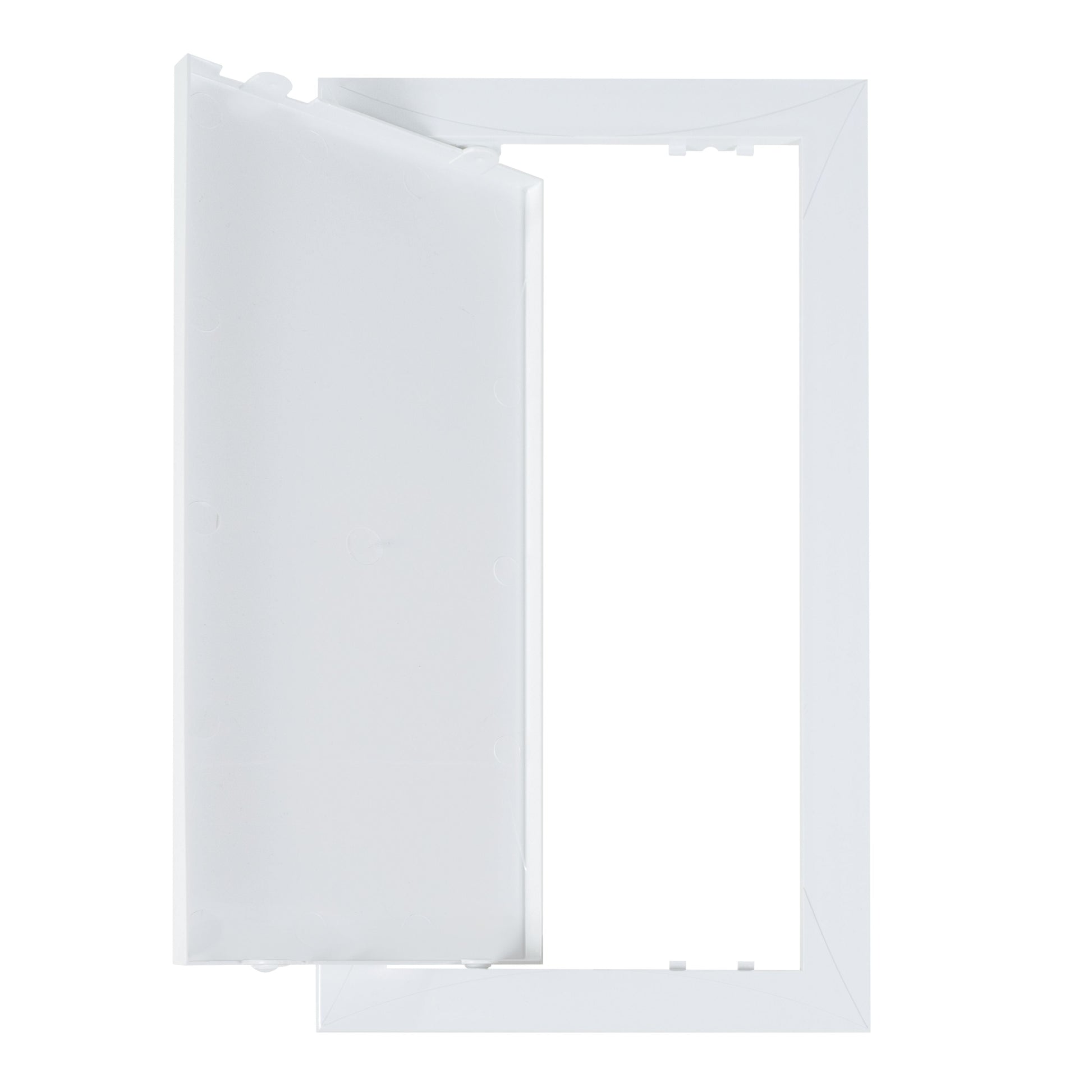 White access panel door rear view showing hinged side and inner frame edge, 150 x 300mm