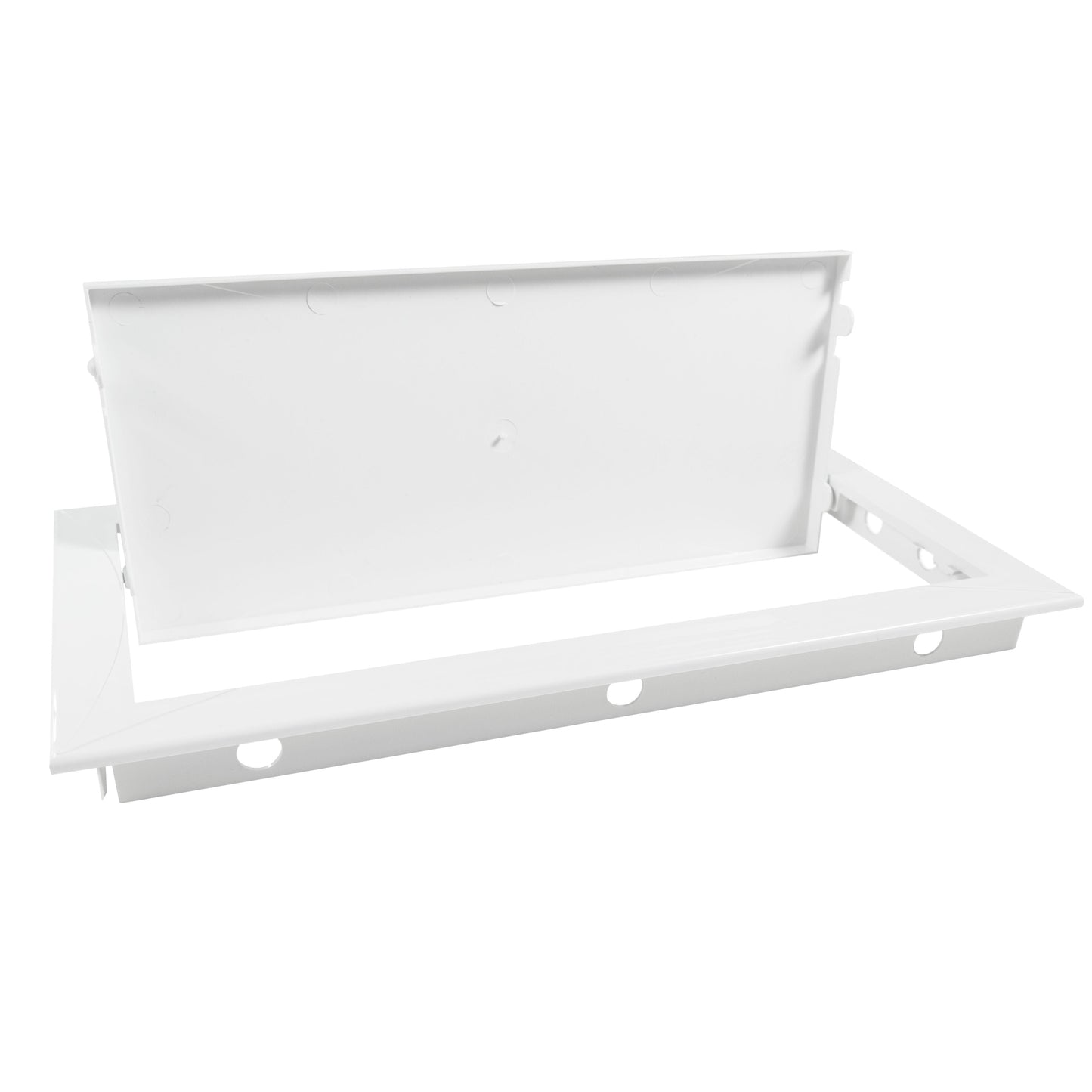 White access panel door outer frame with rear bracket and fixing holes, 150 x 300mm