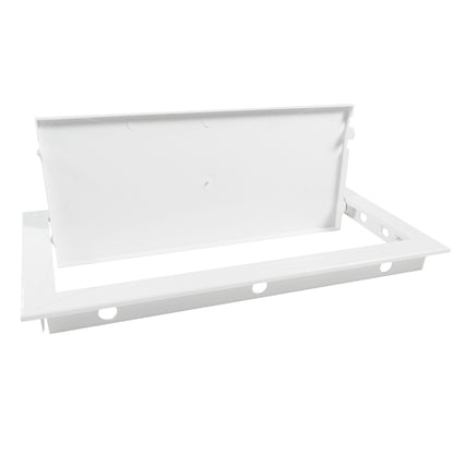 White access panel door outer frame with rear bracket and fixing holes, 150 x 300mm