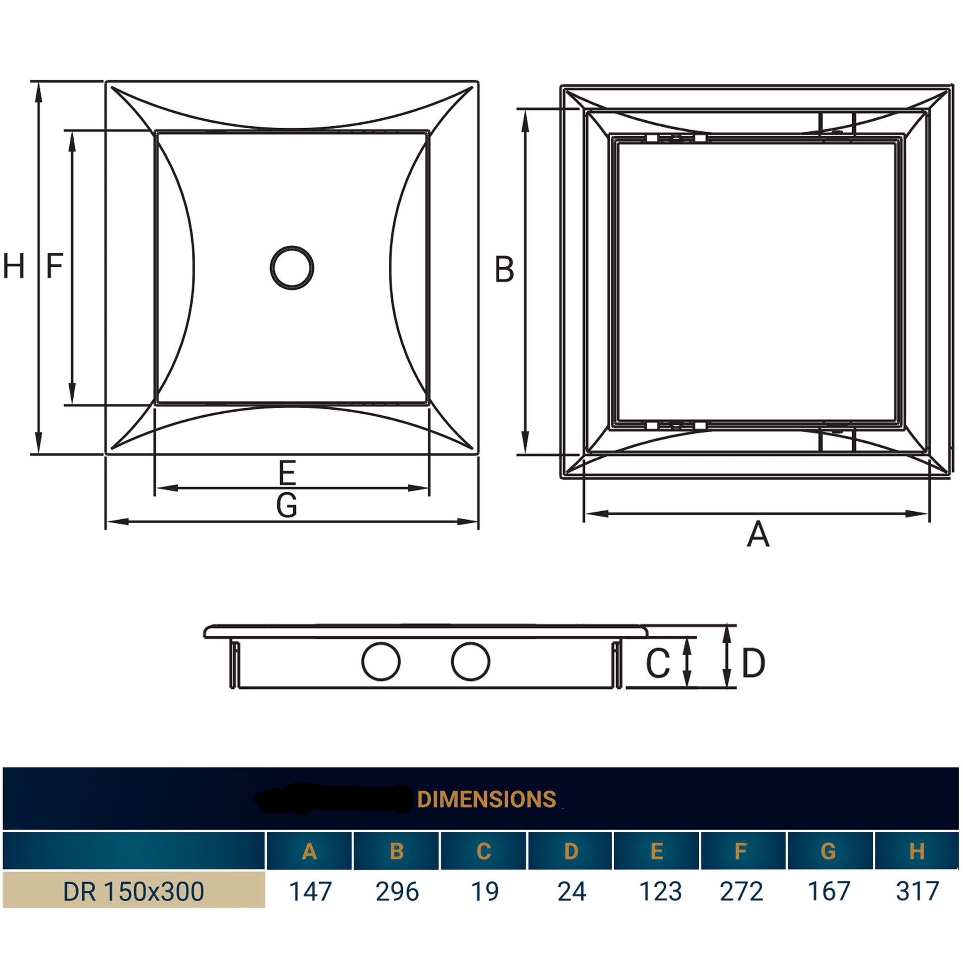 Dimension diagram for access panel door DR 150x300 with front and side measurements.