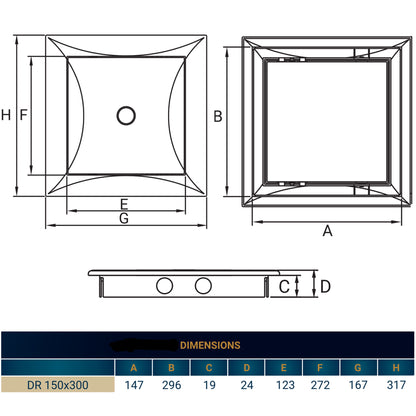 Dimension diagram for access panel door DR 150x300 with front and side measurements.