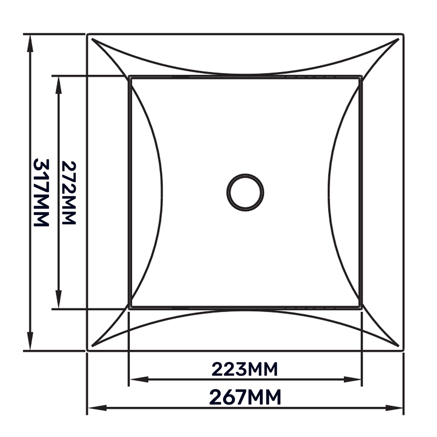 Square access panel door drawing with central round hole; 223mm x 267mm