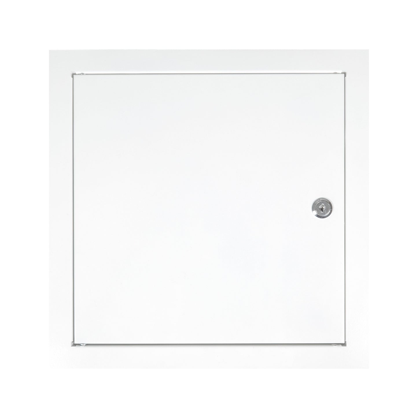 White metal access panel door with lock, flat front with keyhole