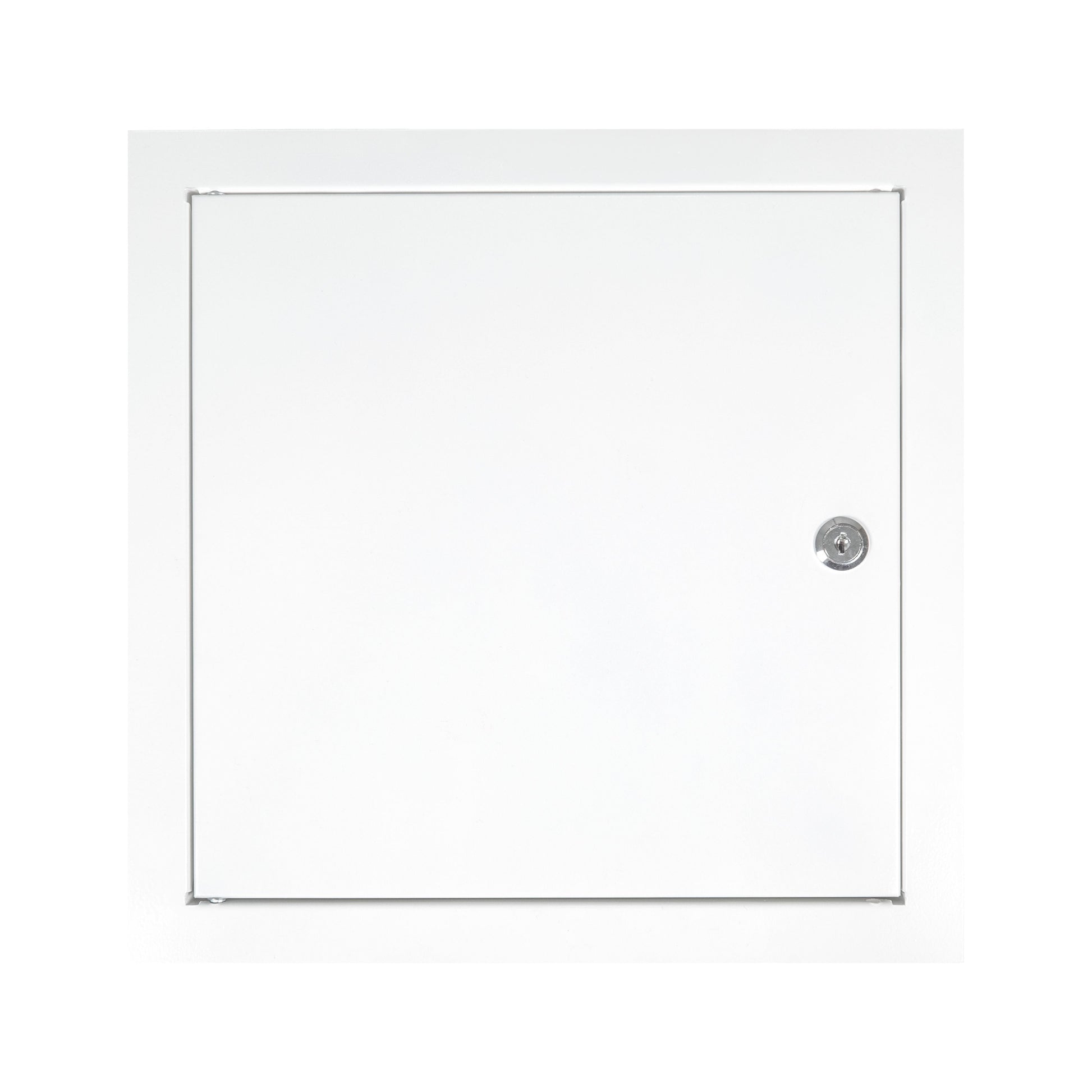 White metal access panel door with lock, flat front with keyhole