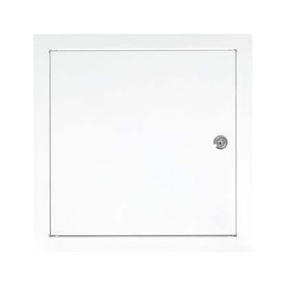 White metal access panel door with lock, flat front with keyhole