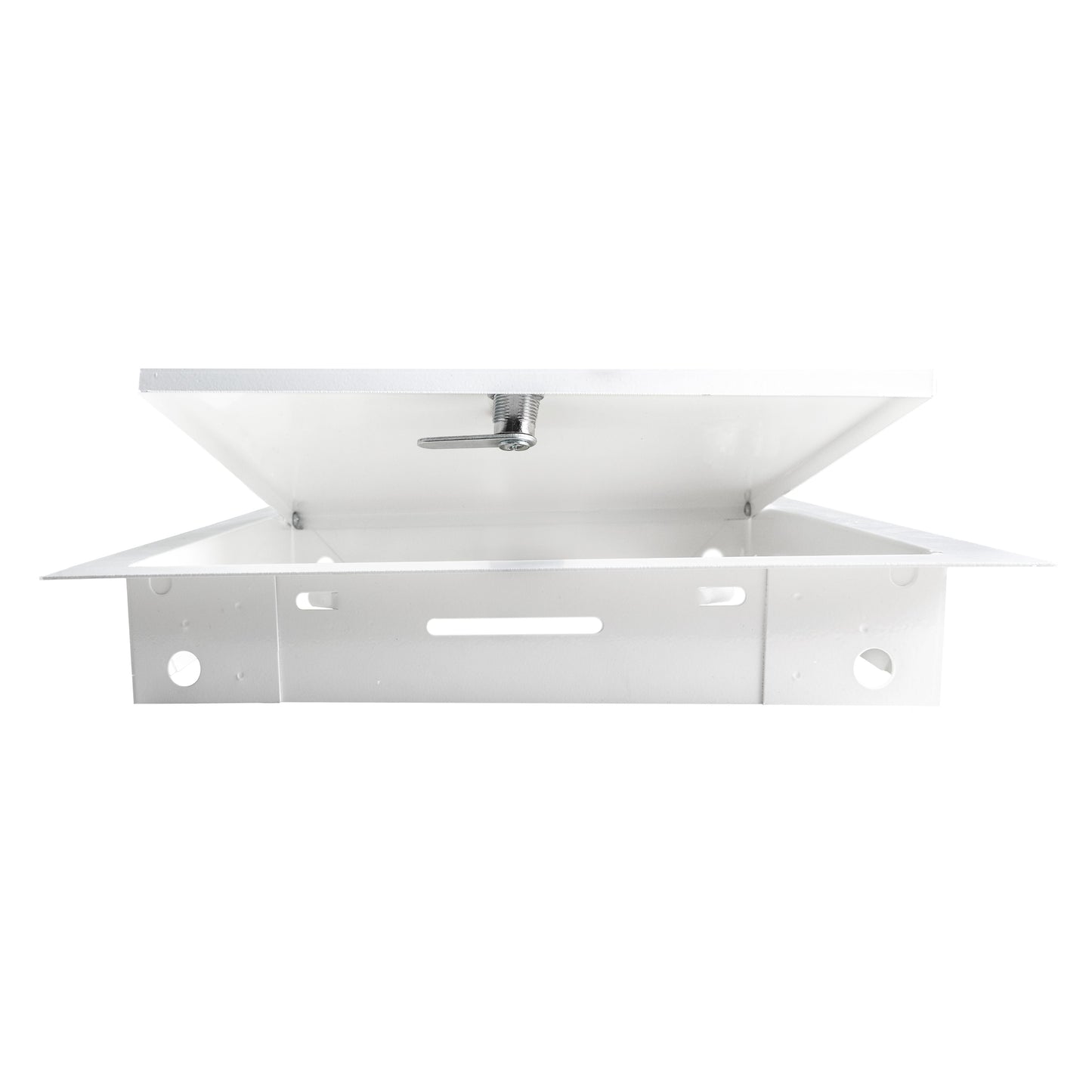 White metal access panel door open, underside view with central latch post