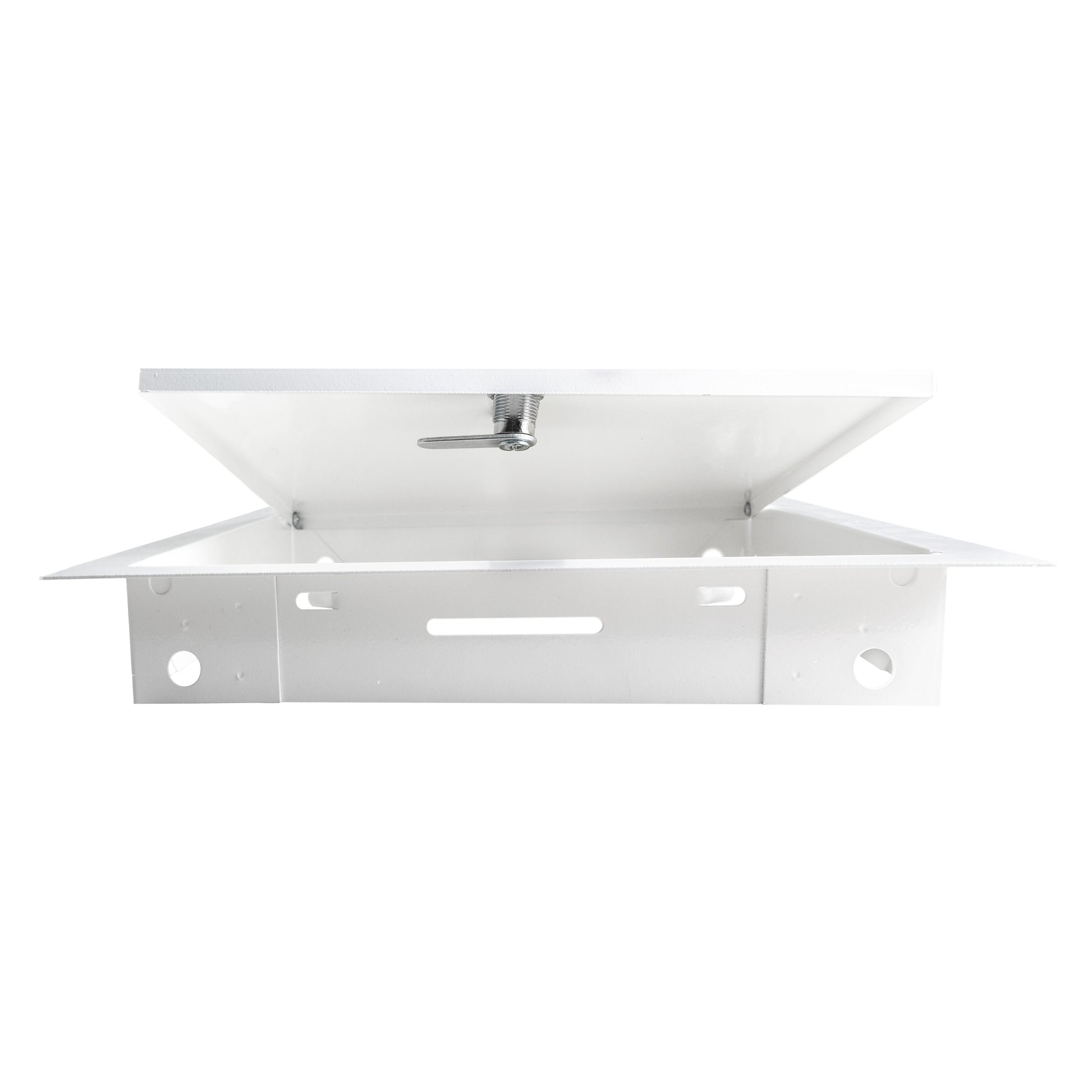 White metal access panel door open, underside view with central latch post