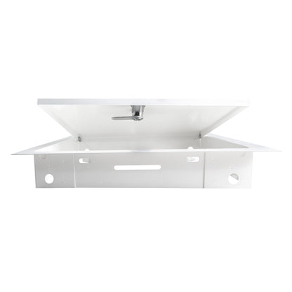 White metal access panel door open, underside view with central latch post