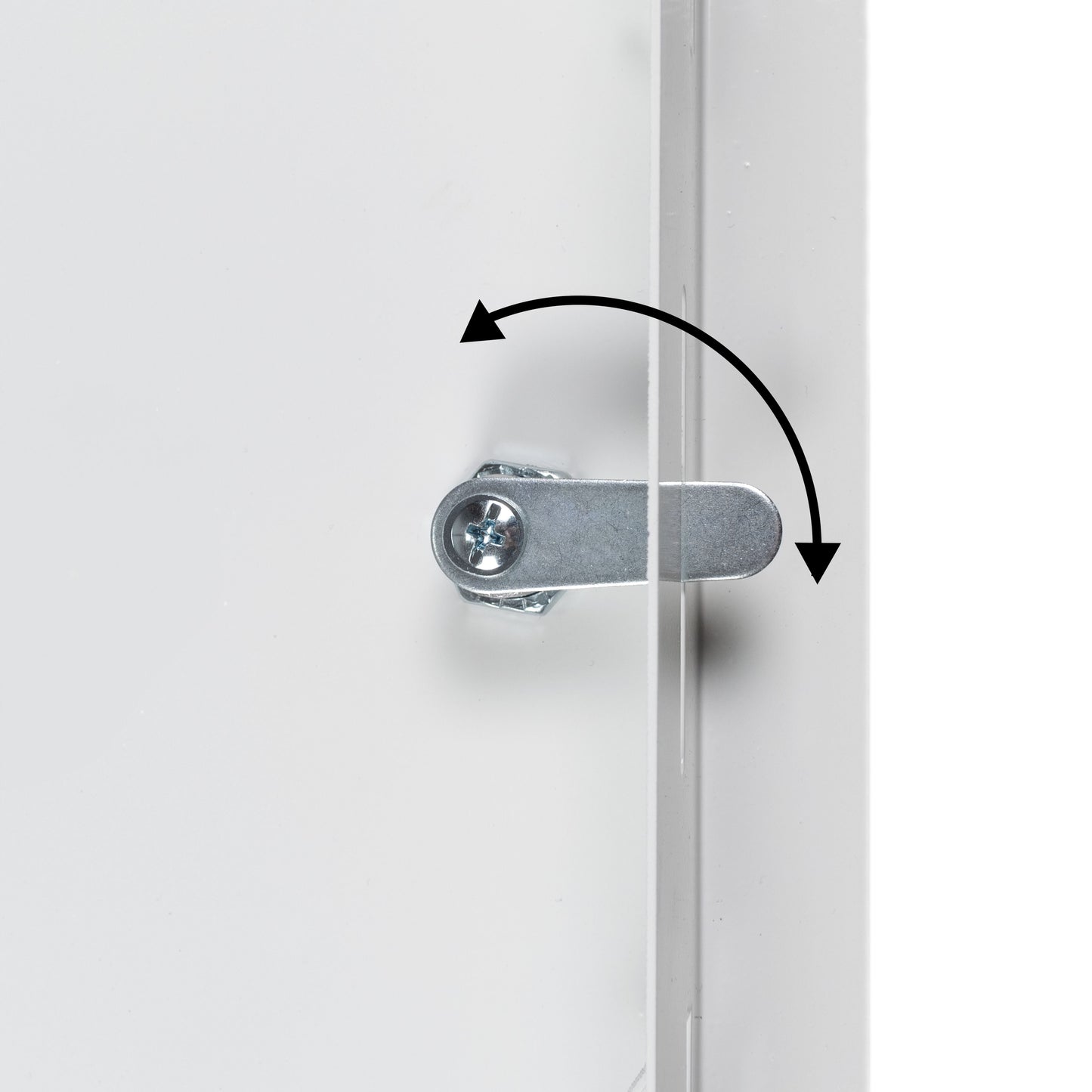 White access panel door latch with key-turn cam plate and mounting screw