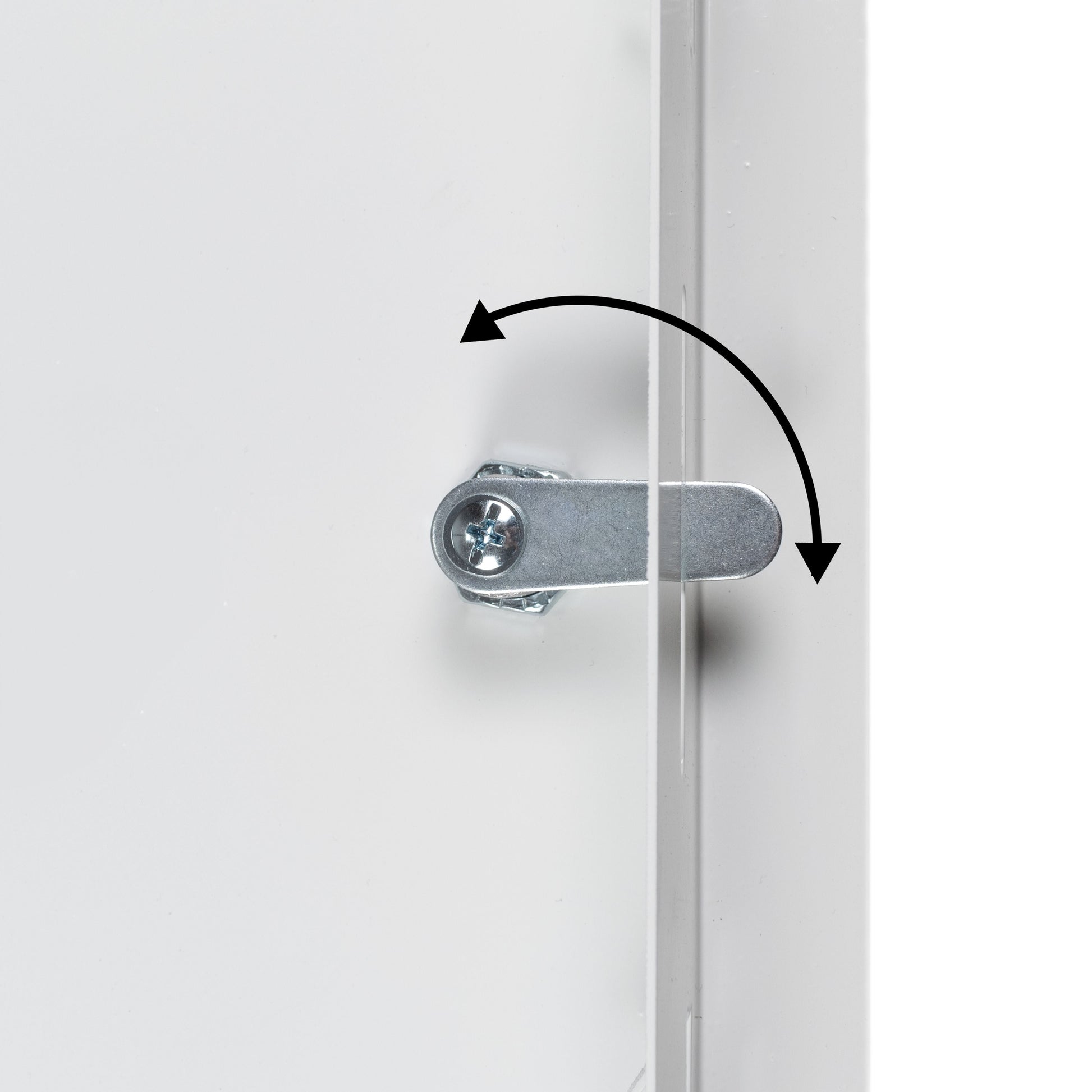 White access panel door latch with key-turn cam plate and mounting screw