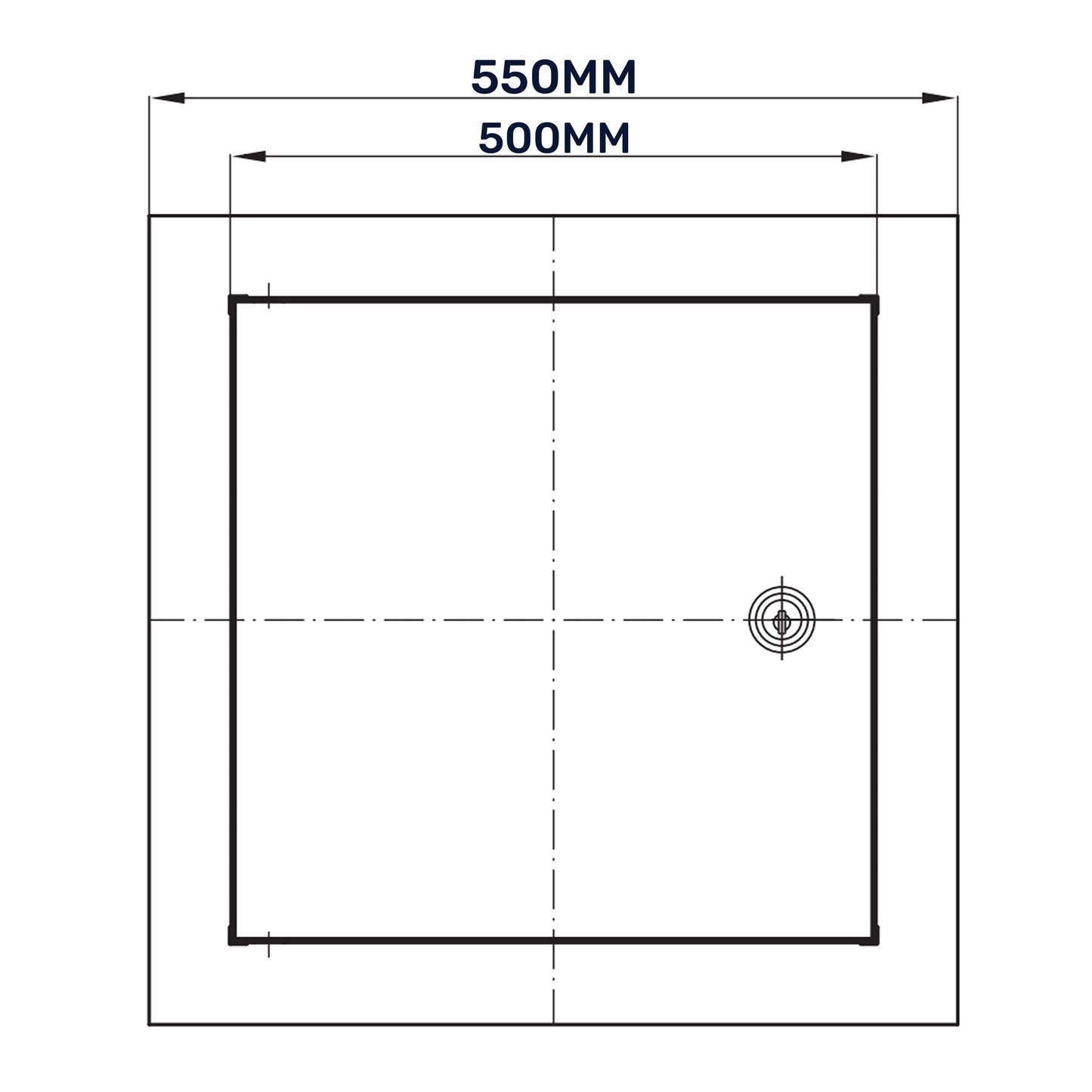Access panel door dimensions diagram: 500mm x 500mm overall, 550mm width/height guide