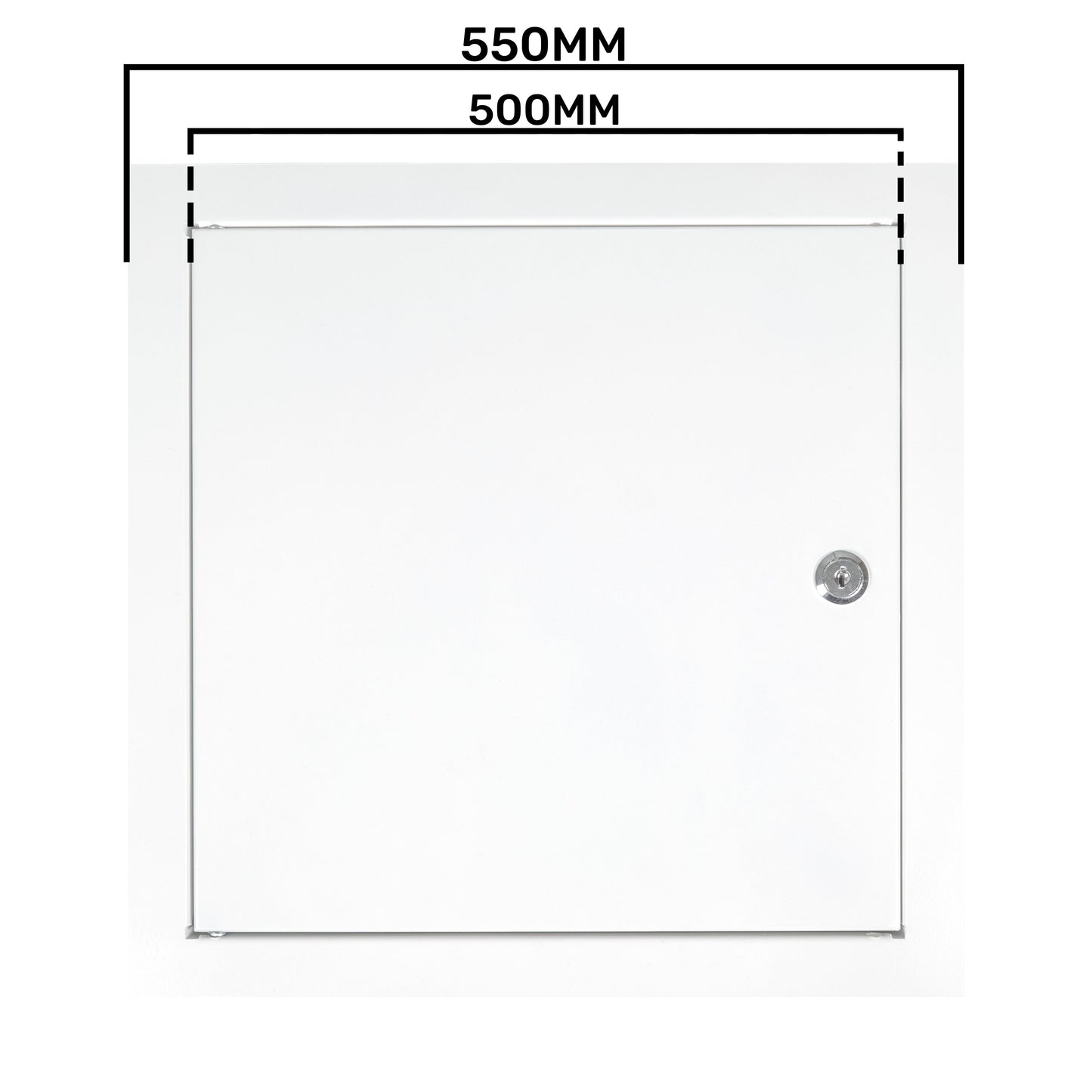 White access panel door, 500mm x 500mm size diagram with lock position