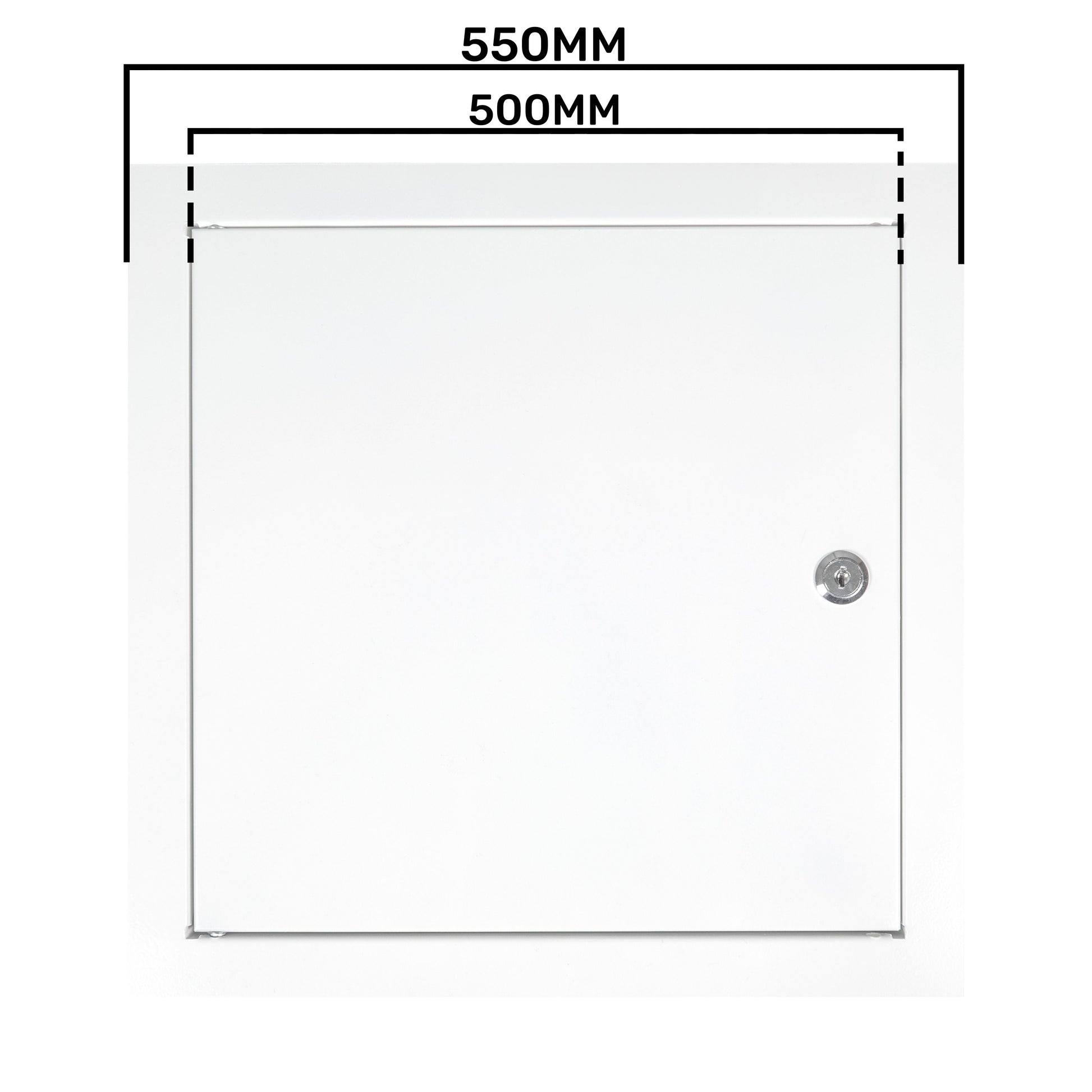 White access panel door, 500mm x 500mm size diagram with lock position