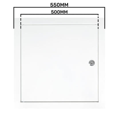 White access panel door, 500mm x 500mm size diagram with lock position