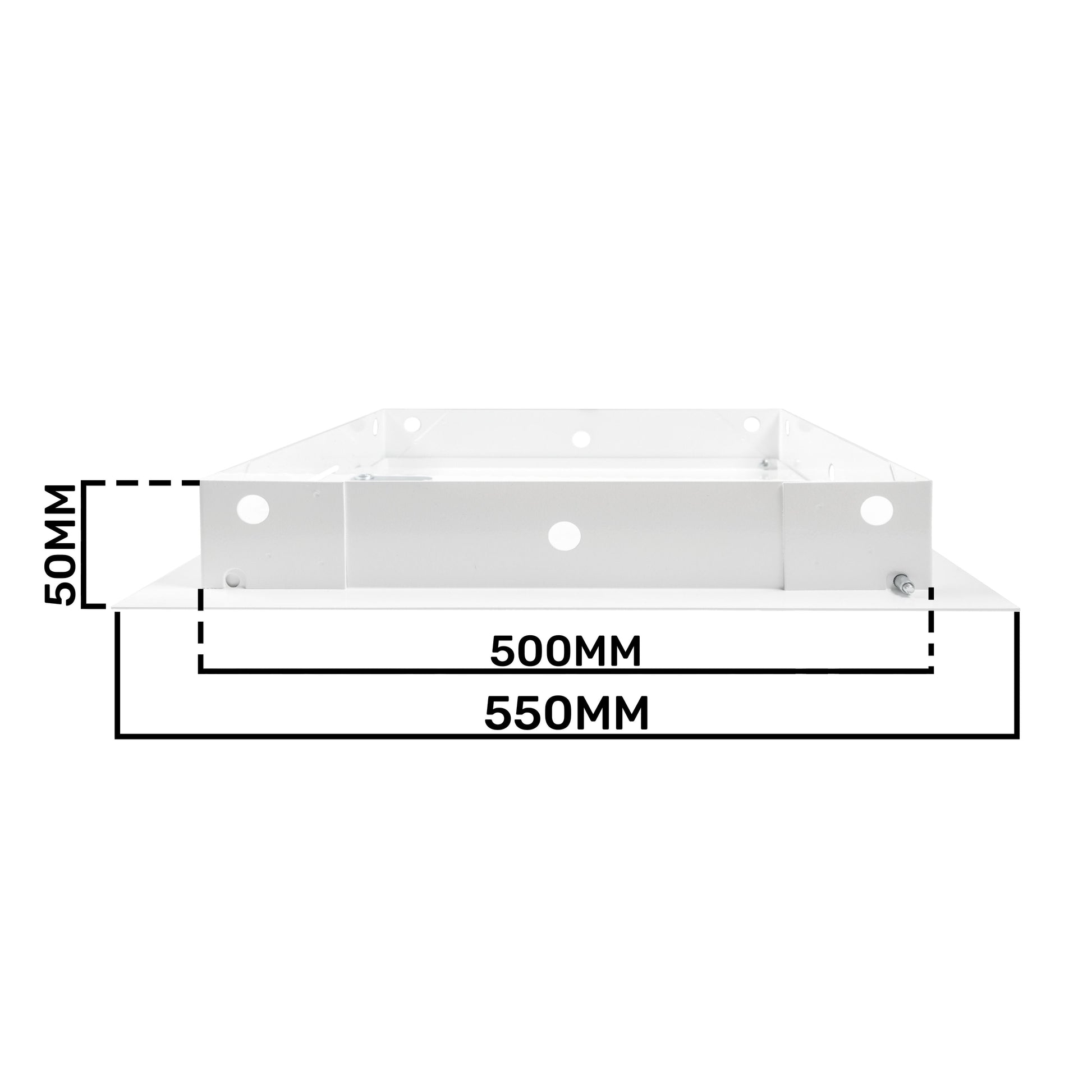 White metal access panel door frame, 500mm x 500mm, with fixing holes