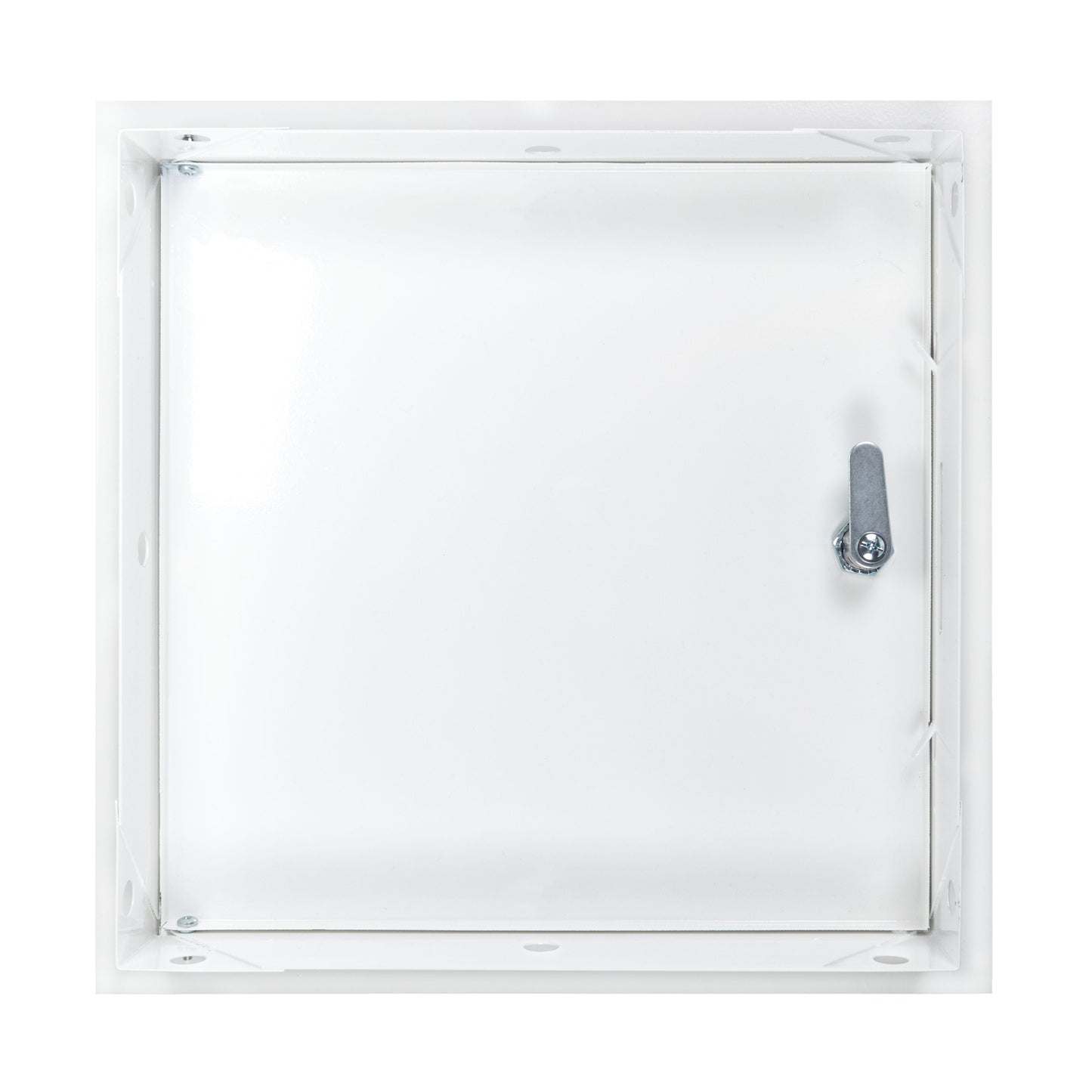 White access panel door with lock, rear frame view and metal latch