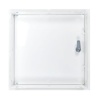 White access panel door with lock, rear frame view and metal latch