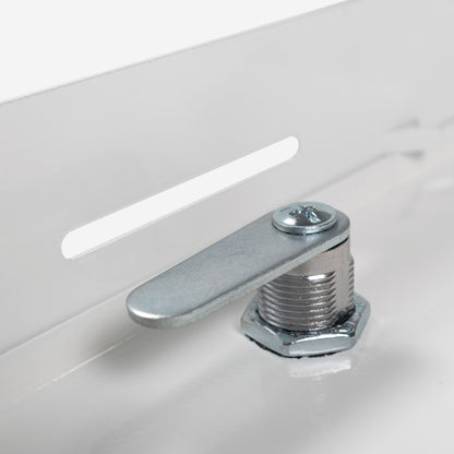 Close-up of white access panel lock bolt and mounting hardware