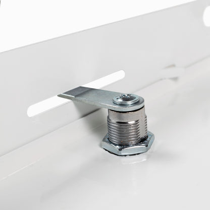 White metal access panel door lock, close-up of latch bracket and threaded stud