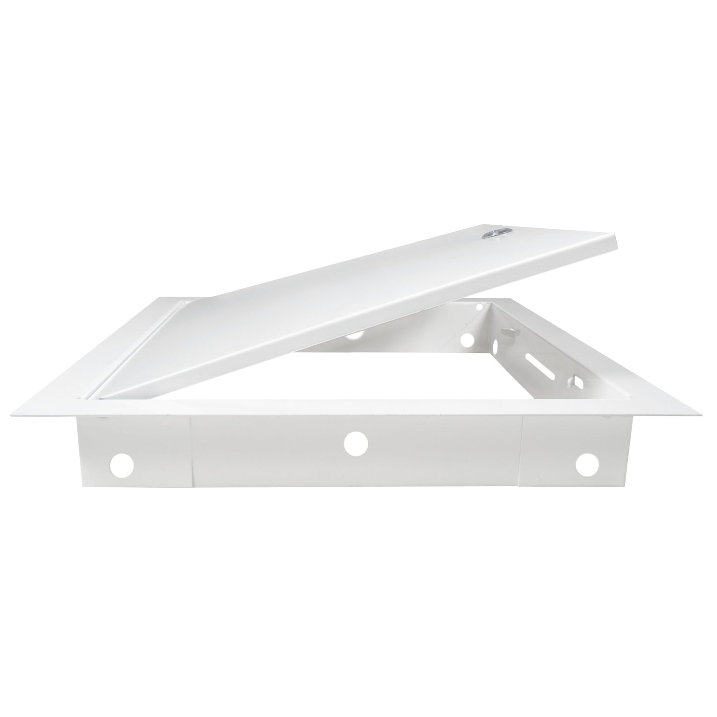 White metal access panel door base frame with mounting holes and open side
