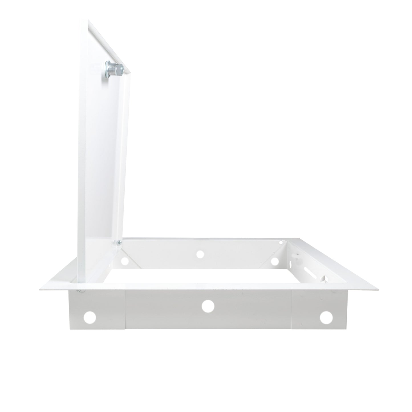 White metal access panel door frame with open panel and hinge side bracket