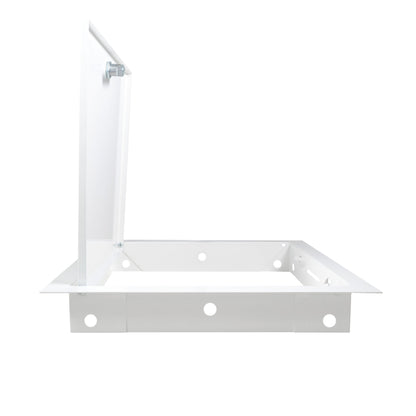 White metal access panel door frame with open panel and hinge side bracket