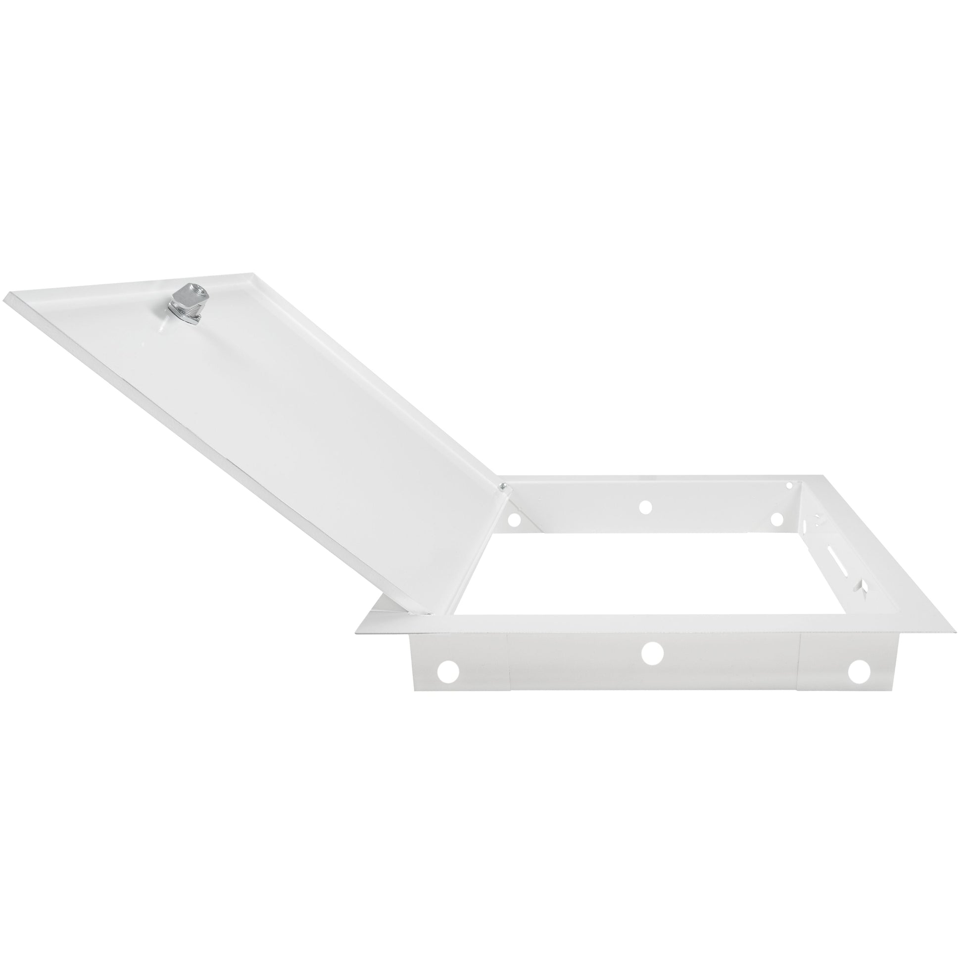 White metal access panel door with open lid, hinge hardware and frame holes