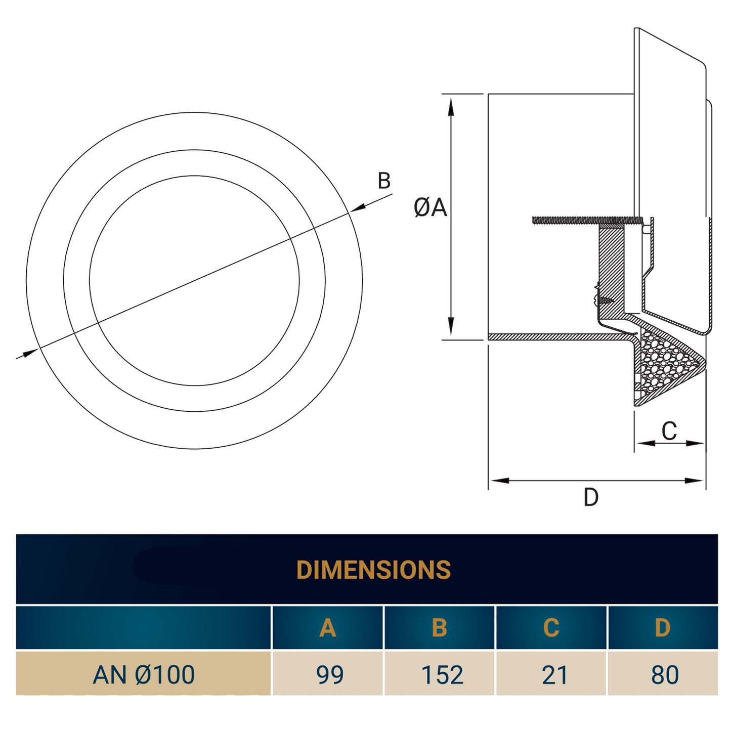 Technical side view of white ceiling extract valve with wall mounting dimensions